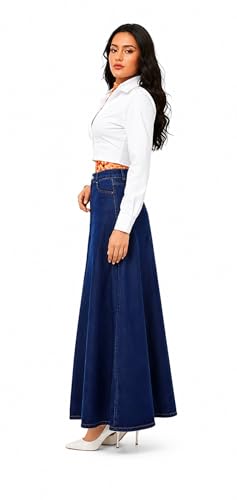 Image of Navy Blue Buttoned A-Line Full Length Denim Skirt 18000