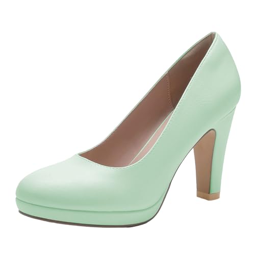 miss left Women's Low Platform High Chunky Heels Slip On Closed Round Toe Pump Elegant Work Dressy Shoes Size 8 Mint Green