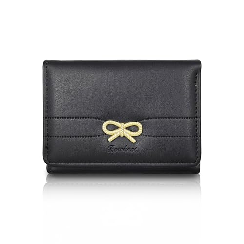 Cute Wallet, Bow Women Wallet with Heart-Shaped ID Window and 7 Card Slots, Ladies Wallets for Storing Cash, ID Cards, Credit Cards (Black)