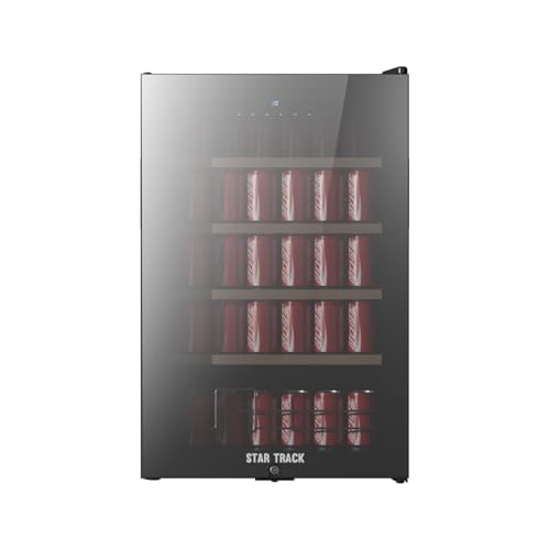 STAR TRACK Beverage Cooler, 115 Liters – Digital Control, Mirror Glass Door with Lock, Elegant Wooden Shelves, Blue Interior Light