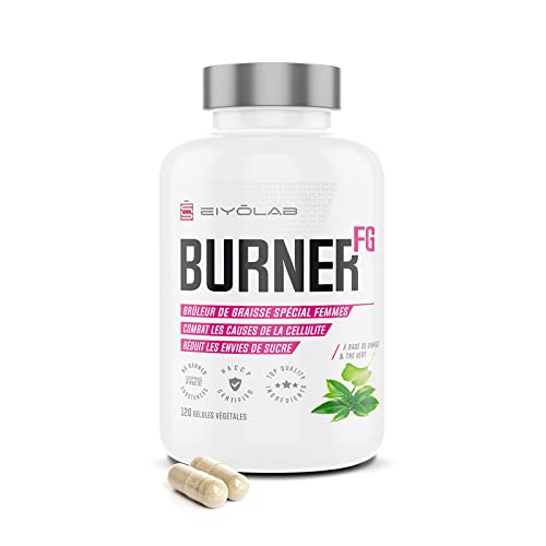BURNER FG | Brûleur de Graisse Puissant Spécial Femme | Detox Anti-Cellulite | L-Carnitine + Thé Vert + Ginkgo Biloba + Tryptophane + Artichaut | 120 Gélules Vegan | Eiyolab