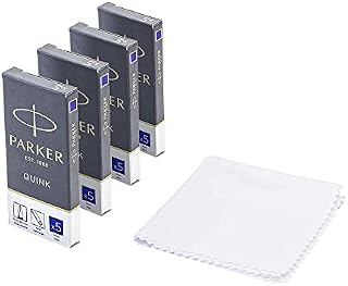 PARKER Quink Fountain Pen Refills, Long Cartridges Blue Ink, Pack of 20 with Polishing Cloth