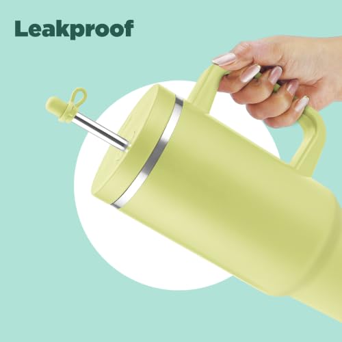 Image of Milton My Tumbler 1200 Thermosteel Double Wall Vacuum Insulated Stainless Steel Tumbler with Handle 1100ml,Leak Proof Travel Mug, Straw,Silicon Cap Cleaning Brush, Hot & Cold Beverage Flask,Moss Green