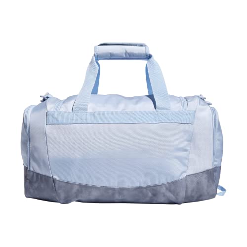 Image of adidas Unisex Defender 4 Small Duffel Bag, Blue Dawn /Stone Wash Grey /Silver Metallic, One Size