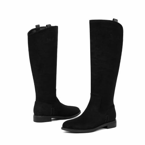 Image of Modatope Knee High Boots Women Rounded Toe Flat Retro Bais Opening Low Chunky Heel Riding Boots
