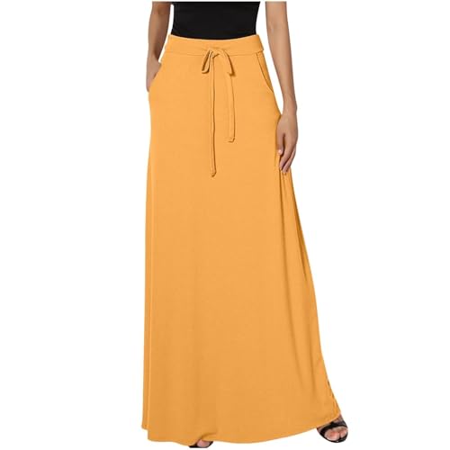Womens Maxi Skirt Elastic Basic Solid Tie Dye Foldable High Waisted Midi Length Plus Size A-Line Skirts with Pockets(Orange,Medium)