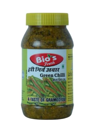Bio's Fresh : Green Chilli Pickle in Mustard Oil - A Spicy Delight for Every Palate, A culinary triumph, promising a tantalizing experience with each bold, zesty bite | Glass Jar of 400 Gram
