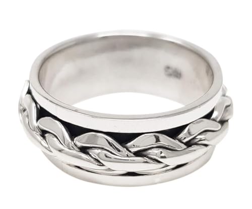 MENS 9MM Wide Silver Ring, 925 Sterling Silver Spin Spinner Fidget Ring For Men - Rope Twisted Ring Size: 8, 9, 10, 10.5,11, 12, 13, 14