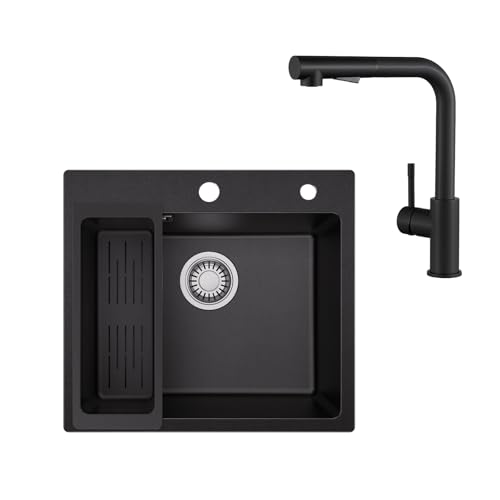 Sofetiy Lavello in granito nero 50x45 cm con rubinetto da cucina estraibile set, lavello da cucina angolare da incasso con scarico, miscelatore nero in acciaio inossidabile, lavandino da cucina