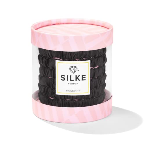 SILKE Hair Ties - Luxurious Silk Scrunchies for All Hair Types - 6 Pack, Black, 1 count (Pack of 6)