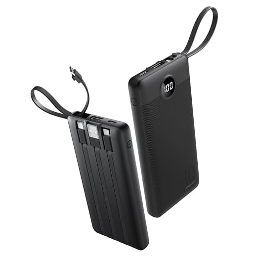 Coowisty Portable Charger with Built-in Cables, Slim 10000mAh Power Bank with USB C, Travel Essentials External Battery Pack 5 Outputs 2 Inputs LED Display Compatible with iPhone/Android & More(Black)