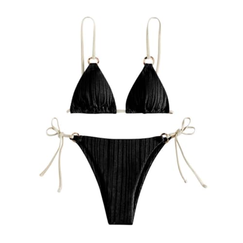 Traje de baño de 2 piezas Sexy fruncido con corbata en la parte delantera para mujer, color liso, corte alto, triángulo, vestido adelgazante, Le Noir, L