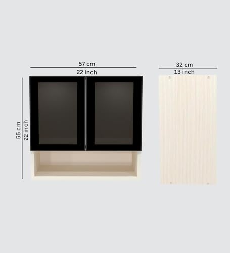 Image of Wall Mounted Kitchen Cabinet with Glass Door | Black and Beige | 57x55 cm | 2 Door Storage Cabinet | DIY Assembly