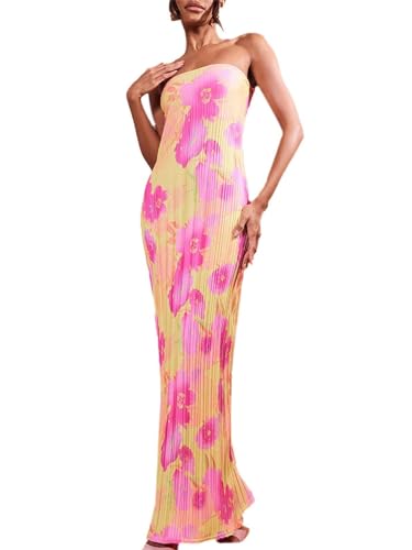 Image of Women Y2k Strapless Maxi Dress Floral Print Tube Long Dress Boho Beach Sundress Going Out Streetwear