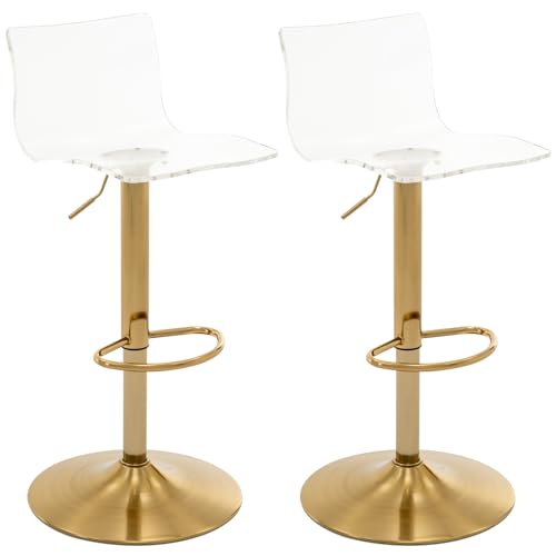 Brage Living Acrylic Bar Stools with Mid Back, Set of 2, Transparent Adjustable Swivel Airlift Barstools, Counter Height Bar Chairs for Kitchen Dining Pub Cafe (Clear, Gold Base)