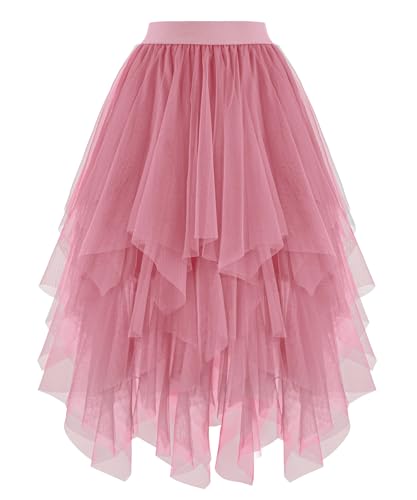 Dressever Damen Unregelmäßiger Tüllrock Mehrschichtiger Mesh Faltenrock A-Linie Hoher Taillierter Rock Ballett Tutu Abschlussball Party Karneval Party Rock Rosa Medium
