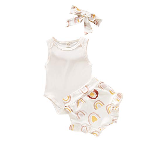 3Pcs Newborn Baby Girls Summer Outfit Sleeveless Bodysuit Romper+Ruffles Short Pants+Headband Clothes Sets (White, 12-18 Months)