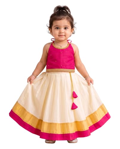 Image of Stanwells Kids Baby Girl Dress Cream Gold Pattu Pavadai Cotton Silk Lehenga Choli Kerala Kasavu South Indian Onam Festival Traditional Ethnic Wear