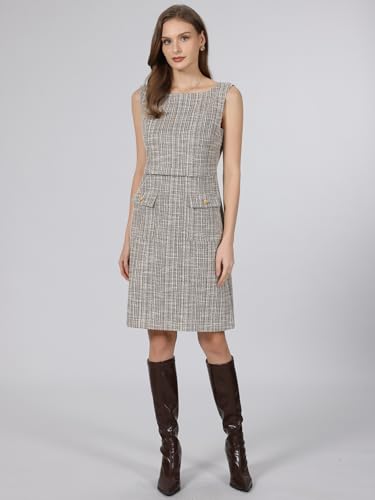Image of Hobemty Women's Sleeveless Tweed Dress Boat Neck Work Office Sheath Dresses