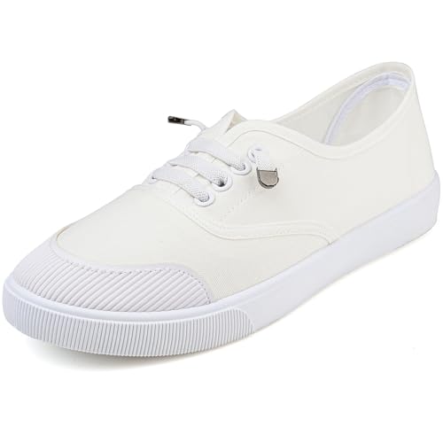 Image of Womens White Canvas Sneakers Lightweight Lace Up Fashion Comfortable Canvas Shoes Low Top Slip On Casual Tennis Walking Shoes Women Footwear