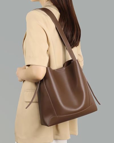 Image of Women's Trendy Tote Bag Vegan Leather Shoulder Crossbody Purse Large Bucket Handbag Soft Top Handle Satchel