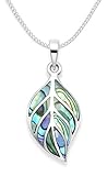 Heather Needham Silver: Sterling Silver inlaid Paua shell necklace on 16' silver chain- Pendant Size: 21 x 12mm. Gift boxed silver leaf necklace. 8330PS