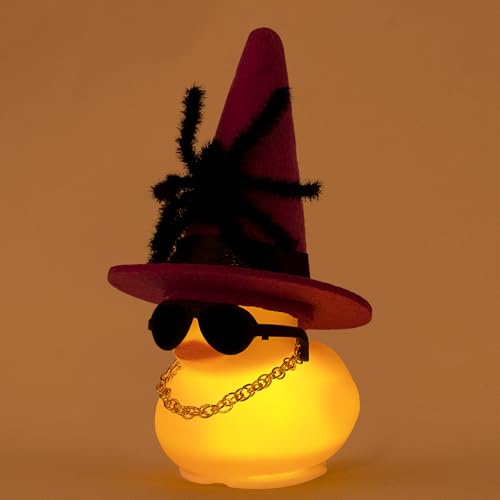 wonuu Scary Spider Rubber Duck with Light for Halloween Decoration Car Ornament Home Decor Mini Ducky All Saints Day Cosplay Ducks with Sunglasses Necklace, Assemble Needed, Purple Black Hat