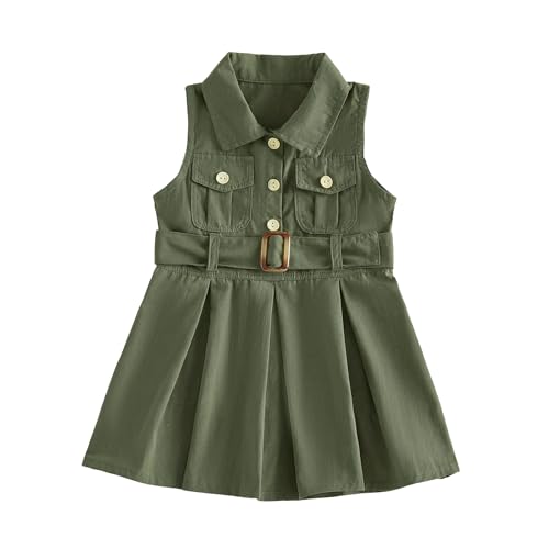 Image of Himllauen Toddler Girl Summer Dress Kids Solid Color A Line Lapel Sleeveless Pocket Casual Dress with Belt for Newborn Baby Girls (Army Green, 2-3 Years)