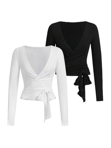 QJQ Women's 2 Pack Pilates Ballet Wrap Tops Long Sleeve Workout Yoga Shirt Going Out Tie Front Top