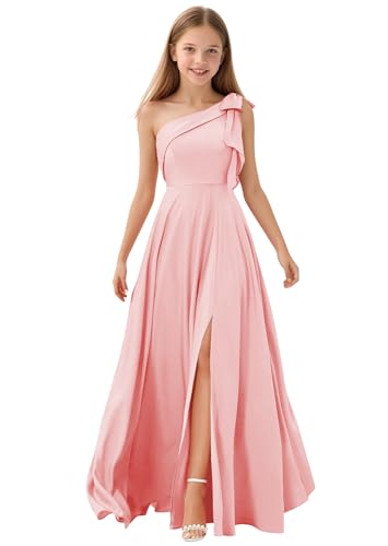 Topsta One Shoulder Junior Bridesmaid Dresses with Bow Satin Flower Girl Dress for Wedding Party Gowns4