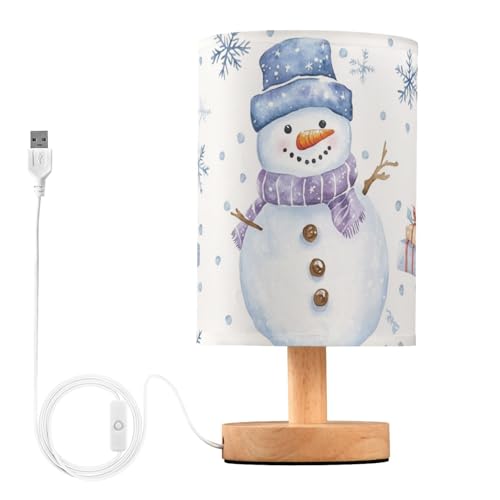 Snowman Snowflake and Winter Gift Bedside Table Lamps with USB Port for Bedroom Lamp Accent Table Lamp Small Nightstand Lamp Sturdy Linen Shade Wooden Base Decorative Lamps for Kids|Dorm|Home
