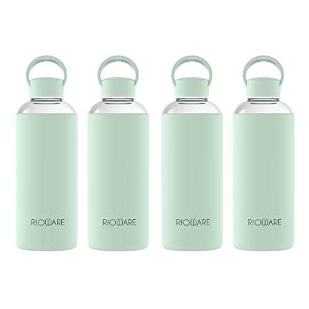 RiowareAquashot Borosilicate Glass Water Bottle with Silicon Sleeve (750ml) | Airtight lid | Leak Proof | Silicon Cap | Fridge Water Bottles for Home, Office & Gym -Pack of 04(Green)
