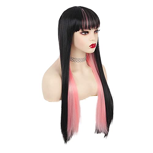 Image of Swiking Black and Pink Long Straight Wig for Women with Bangs Synthetic Hair Heat Resistant Fiber Wig Natural Looking Halloween Party Cosplay Wig