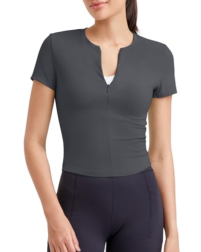 Image of G4Free BareFeel Womens Workout Tops Short Sleeve Half Zip Slim Fit Athletic Shirts Gym Running Yoga Slight Crop Tshirts