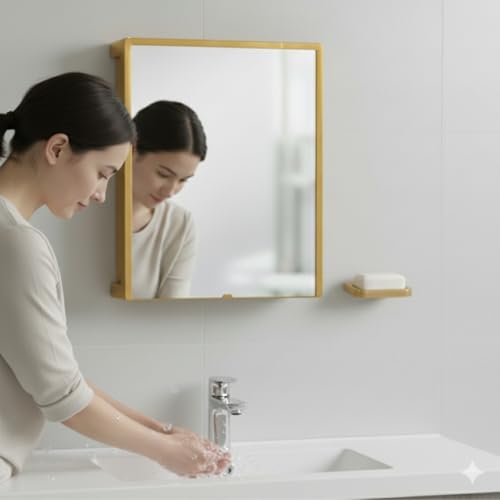 Image of CIPLA PLAST New Rich Look Bathroom Cabinet with Mirror | Storage Organiser | Strong Plastic Bathroom Shelves Wall Mounted | Bathroom Accessories| Mirror Cabinet (Metallic Gold) with Soap Dish