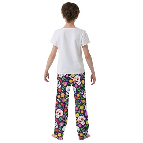 Skull with Colorful Florals Boys Long Pants Soft Trousers Elastic Waist Kids Lounge Bottoms with Pockets S-XL3