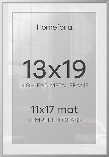 Image of Homeforia 13 x 19 Frame Silver, High End Metal 13 x 19 Picture Frames with Mat 11 by 17 Photo, 13x19 Silver Poster Frame Matted to 11x17 Print, 19x13 Hanging Frames, Tempered Glass, Wall Kit, Set of 2