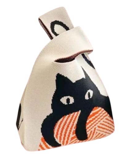 Générique Sac à Main Tricoté, Motif Chat Noir avec Pelote, Style Kawaii, Beige et Orange
