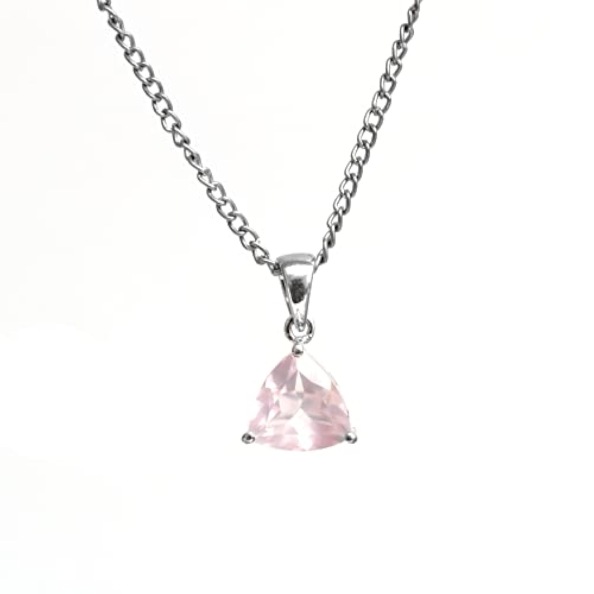 925 Sterling Silver Rose Quartz Triangle Pendant with Chain