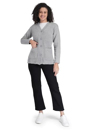Image of MANRA Women's Woolen V-Neck Buttoned Full Sleeve Cardigan Self Design Soft Wool Fabric Winter Wear Pure Wool Sweater Fully Warm with Front Pockets Stylish Cardigan