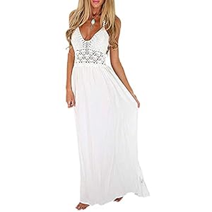LILBETTER Women's Beach Crochet Backless Bohemian Halter Maxi Long Dress (White,Small)