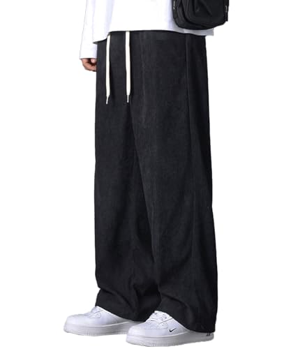 Men's Corduroy Pants Elastic Waist Drawstring Baggy Pants Fashion Loose Casual Long Trousers with Pockets