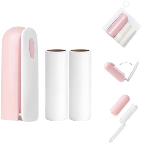 Mini Lint Roller with Cover and 2 Refills Travel Size Pet Hair Remover for Clothes Extra Sticky On the Go Lint Roller (Pink)