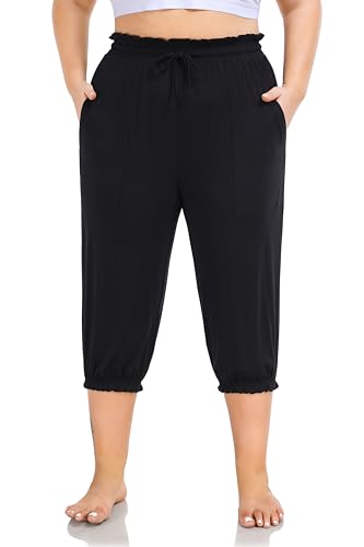 ZERDOCEAN Women's Plus Size Capri Pants High Waisted Loose Casual Travel Lounge Pants Capris with Drawstring Pockets