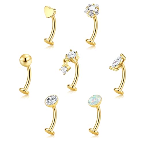 ORAZIO 7 Pcs Belly Button Ring Surgical Steel Hypoallergenic Floating Belly Button Rings for Women Flat Back CZ Opal Internally Threaded Long Bar Navel Piercing Jewelry 14G Gold Silver Tone 10mm G1