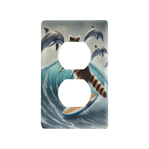 Raccoon Surfing Dolphins Light Switch Cover Decorative Receptacle Outlet Wall Plate Guard Plastic Outlet Covers for Farmhouse Home Decor Livingroom (Duplex Outlets Cover)