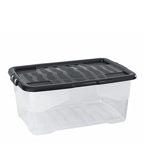 3 Stück - Strata Curve Aufbewahrungsbox mit schwarzem Deckel, 42 Liter, 60x40x25cm - transparent