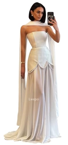 Mermaid Prom Dresses for Women Chiffon Strapless Formal Evening Gowns with Cape Pearls LW104