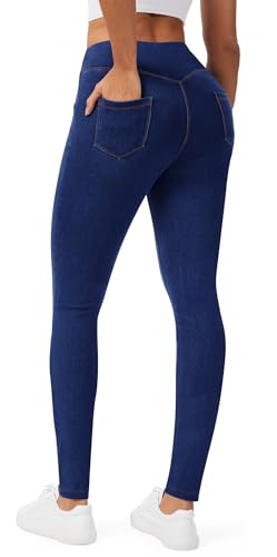 AVAMO Jeggings for Women Stretchy Skinny Jeans Denim Leggings with Pockets Pull on High Waist Tummy Control Trendy Jean Indigo Blue