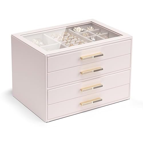 Vlando 4 Layer Jewelry Box for Women, Glass Lid Jewelry Organizer with 4 Drawers for Necklaces Rings Earrings Bracelets - Light Pink B. Pink 4-Layer